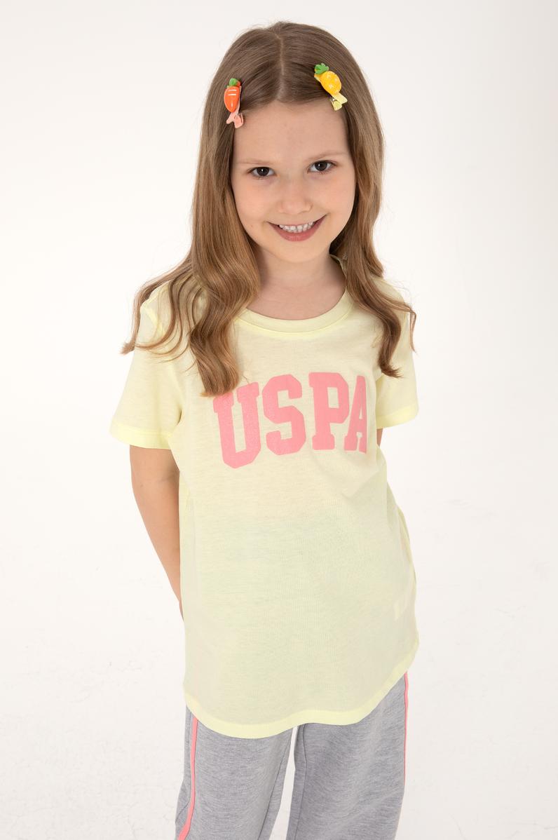 Kız Çocuk Limon Bisiklet Yaka Pamuk Simli Uspa Baskılı Basic Tişört