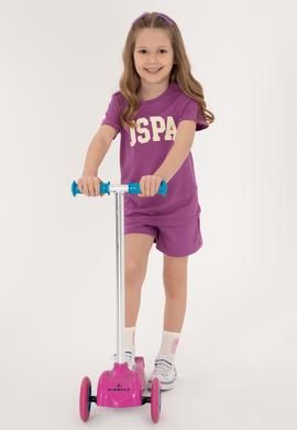 Kız Çocuk Menekşe Bisiklet Yaka Uspa Baskılı Pamuk Tişört - 50306042116