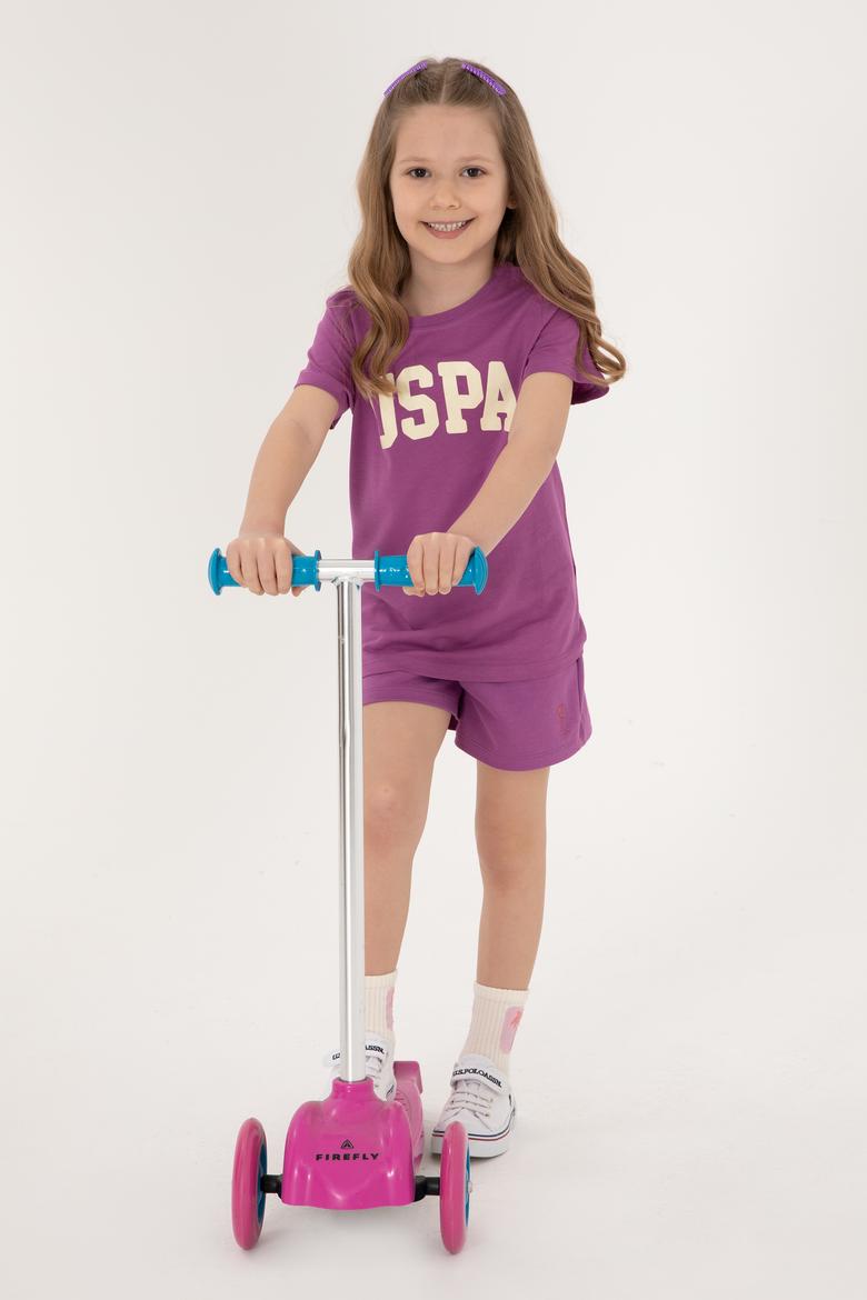 Kız Çocuk Menekşe Bisiklet Yaka Uspa Baskılı Pamuk Tişört - 50306042116