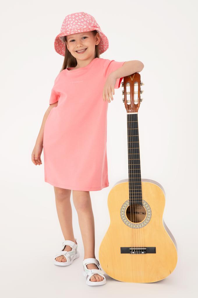 Kız Çocuk Pembe Bisiklet Yaka Kısa Kol İnterlok Basic Örme Elbise