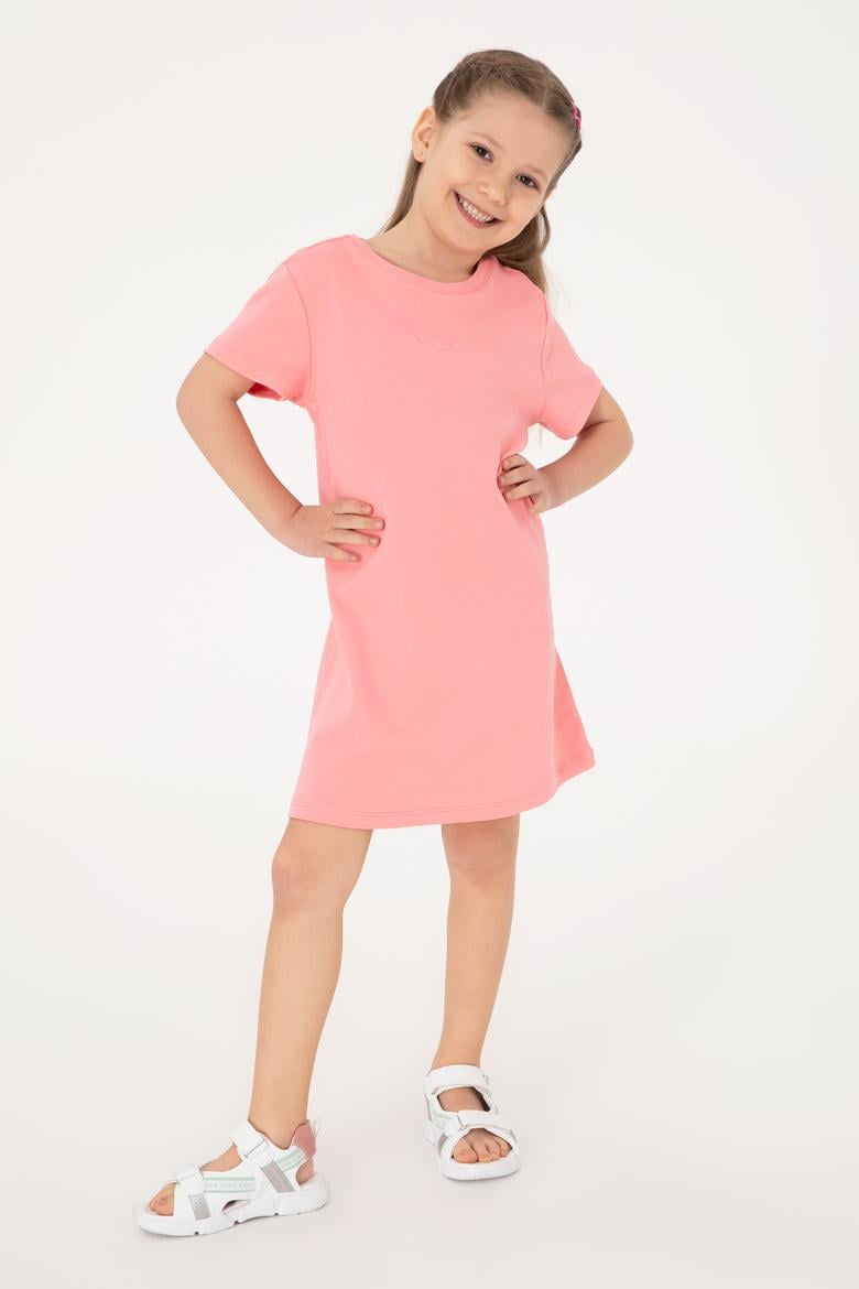 Kız Çocuk Pembe Bisiklet Yaka Kısa Kol İnterlok Basic Örme Elbise - 50306277012