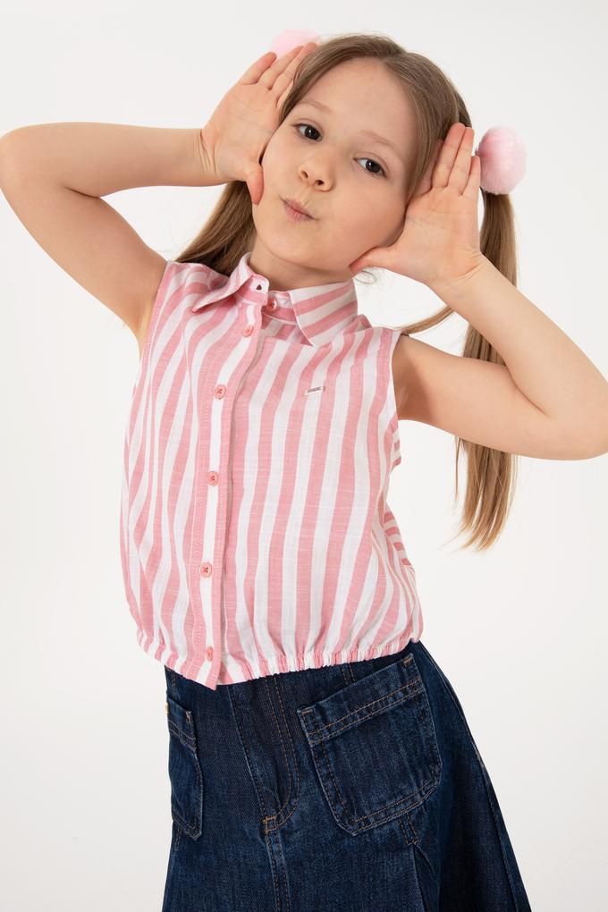 Kız Çocuk Pembe Çizgili Kolsuz Gömlek
