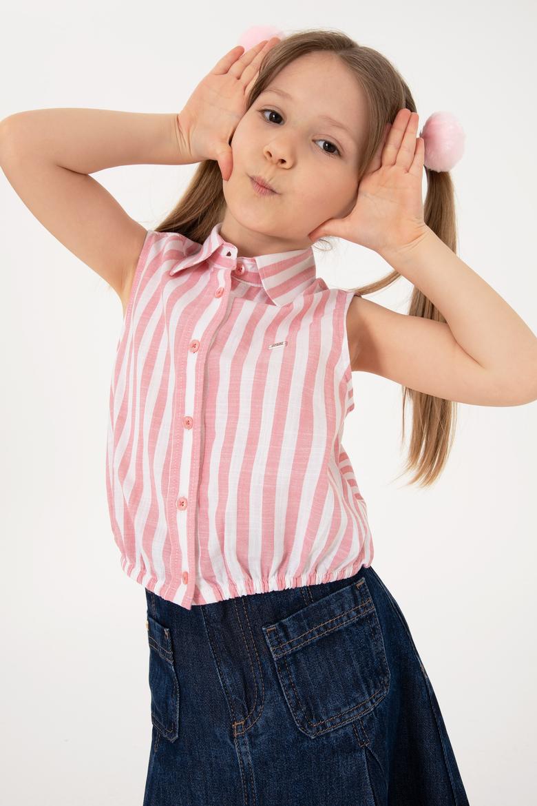 Kız Çocuk Pembe Çizgili Kolsuz Gömlek