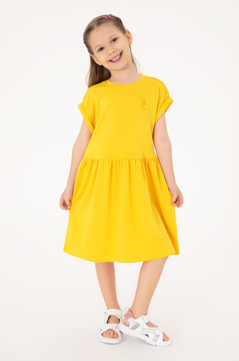 Kız Çocuk Sarı Bisiklet Yaka A-Form Modal Örme Elbise