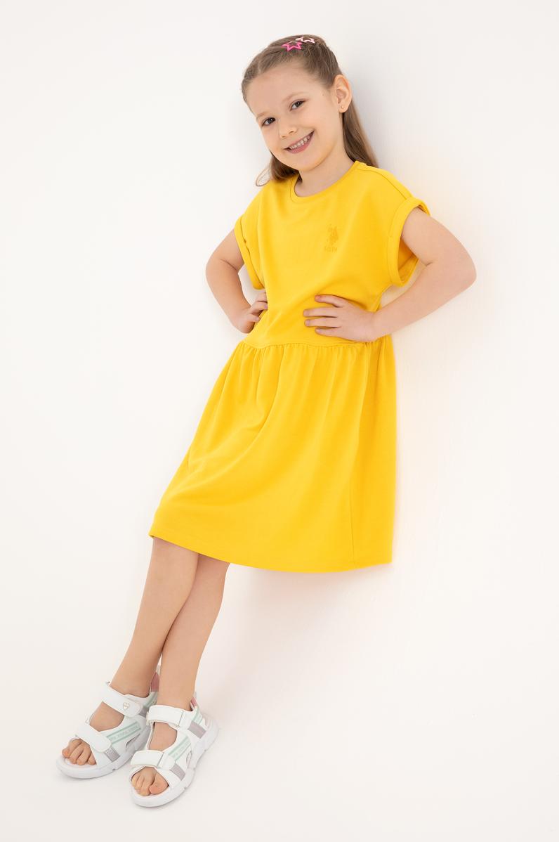 Kız Çocuk Sarı Bisiklet Yaka A-Form Modal Örme Elbise