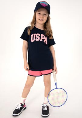 Kız Çocuk Lacivert Bisiklet Yaka Pamuk Simli Uspa Baskılı Basic Tişört - 50306042050