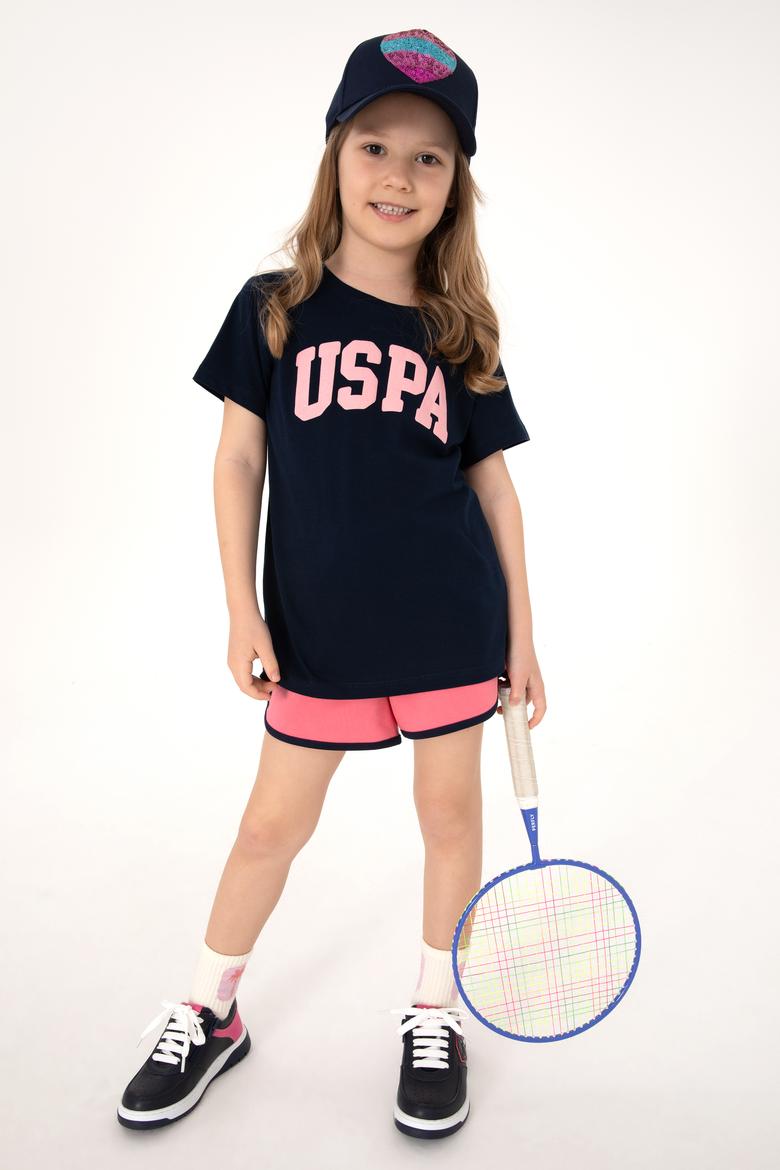 Kız Çocuk Lacivert Bisiklet Yaka Pamuk Simli Uspa Baskılı Basic Tişört - 50306042050