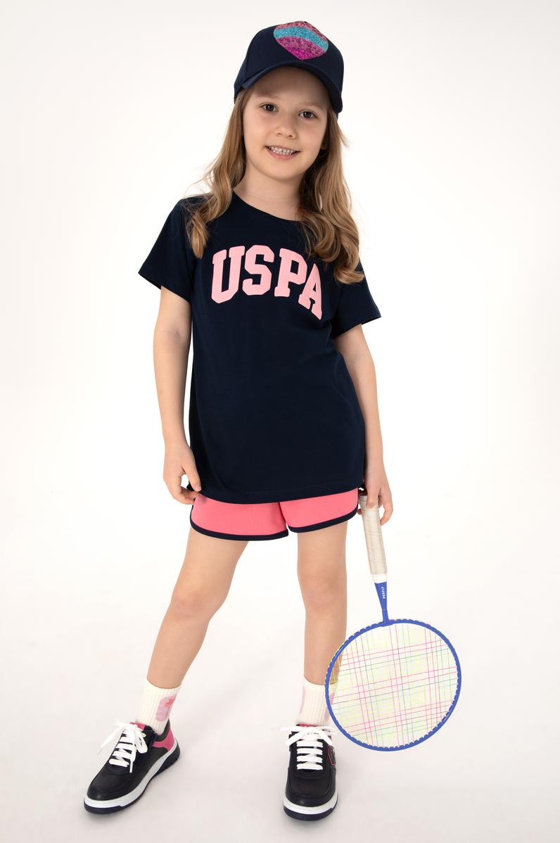 Kız Çocuk Lacivert Bisiklet Yaka Pamuk Simli Uspa Baskılı Basic Tişört