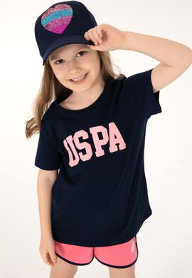 Kız Çocuk Lacivert Bisiklet Yaka Pamuk Simli Uspa Baskılı Basic Tişört - 50306042050