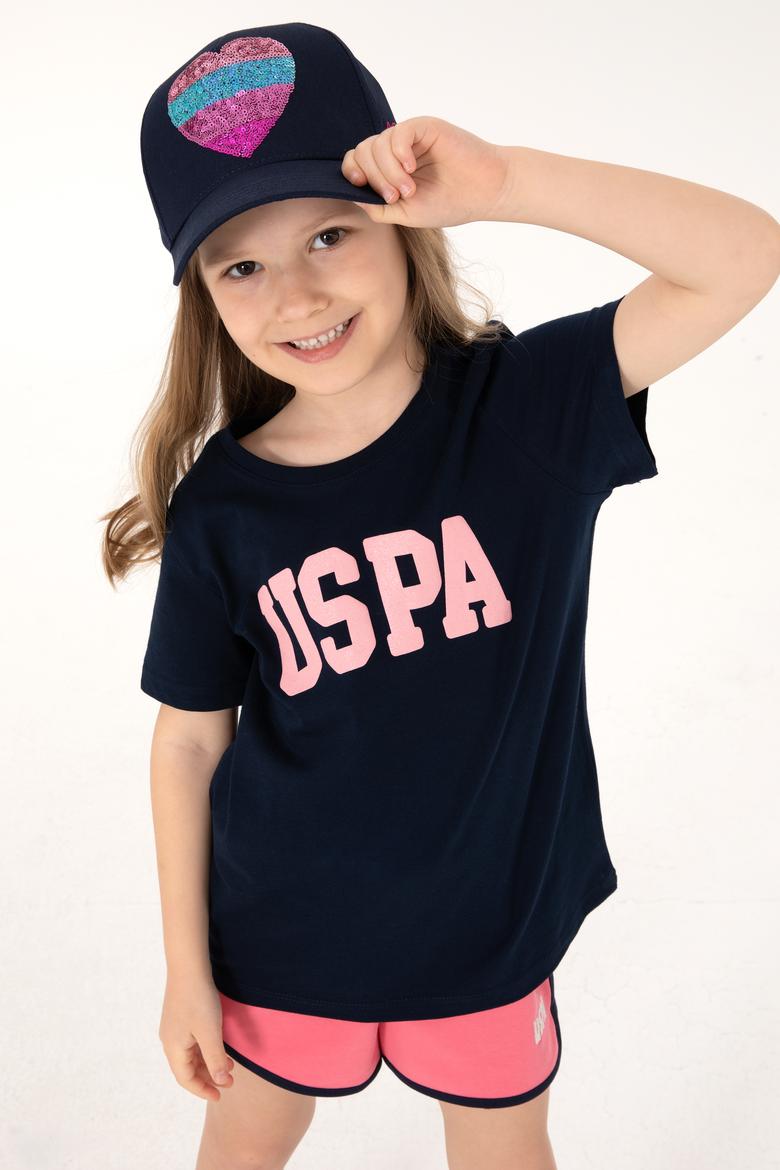 Kız Çocuk Lacivert Bisiklet Yaka Pamuk Simli Uspa Baskılı Basic Tişört