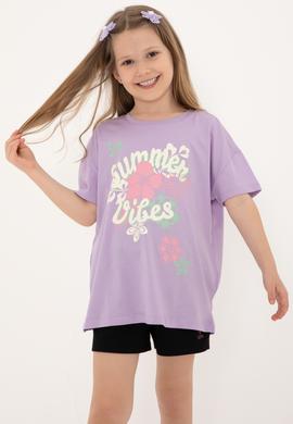 Kız Çocuk Lila Comfort Bisiklet Yaka Çiçek Baskılı Pamuk Tişört - 50306203008