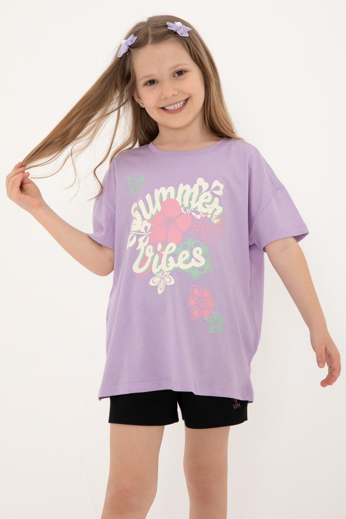 Kız Çocuk Lila Comfort Bisiklet Yaka Çiçek Baskılı Pamuk Tişört