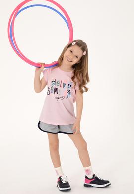 Kız Çocuk Açık Pembe Bisiklet Yaka Baskılı Pamuk Tişört - 50306190018