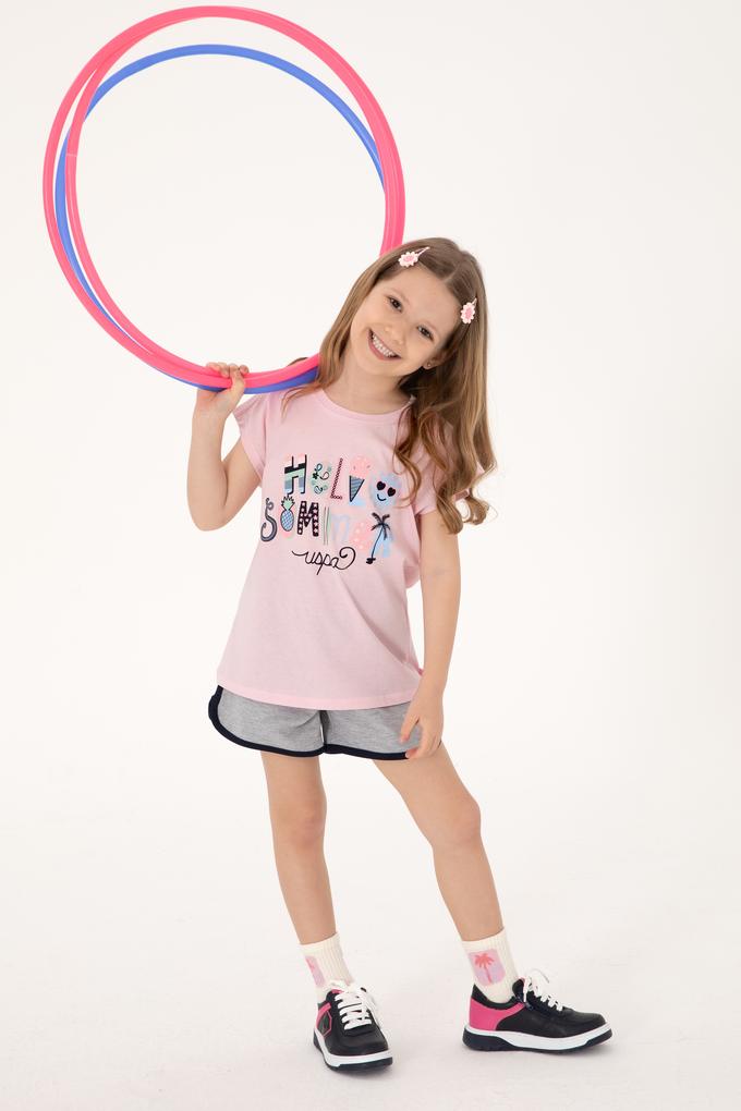 Kız Çocuk Açık Pembe Bisiklet Yaka Baskılı Pamuk Tişört