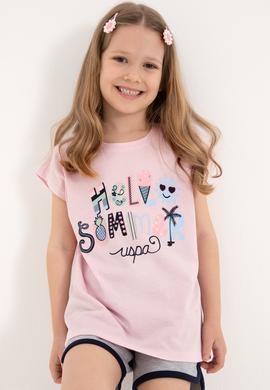 Kız Çocuk Açık Pembe Bisiklet Yaka Baskılı Pamuk Tişört - 50306190018