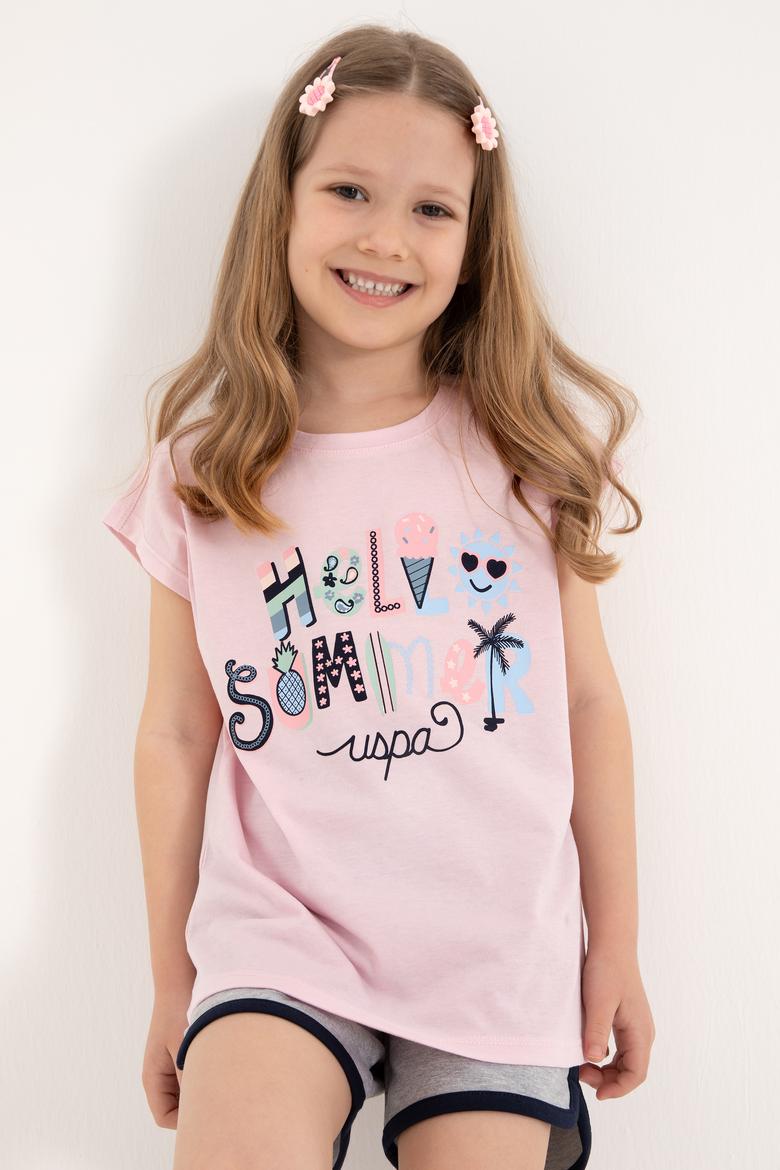 Kız Çocuk Açık Pembe Bisiklet Yaka Baskılı Pamuk Tişört - 50306190018