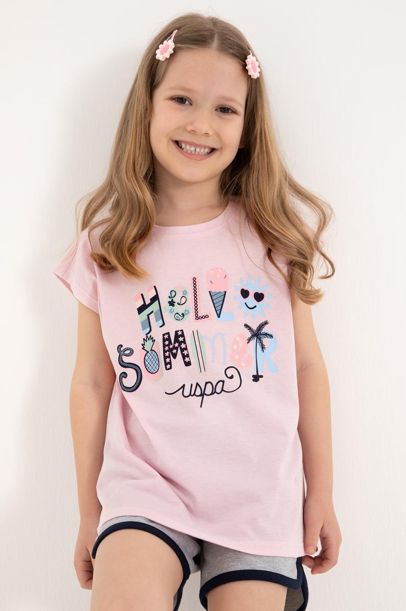 Kız Çocuk Açık Pembe Bisiklet Yaka Baskılı Pamuk Tişört