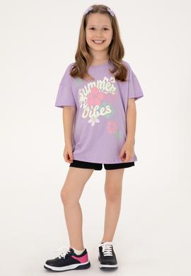 Kız Çocuk Lila Comfort Bisiklet Yaka Çiçek Baskılı Pamuk Tişört - 50306203008