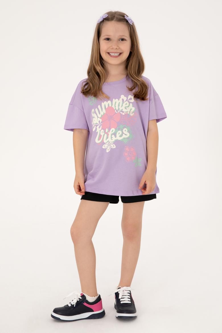 Kız Çocuk Lila Comfort Bisiklet Yaka Çiçek Baskılı Pamuk Tişört - 50306203008