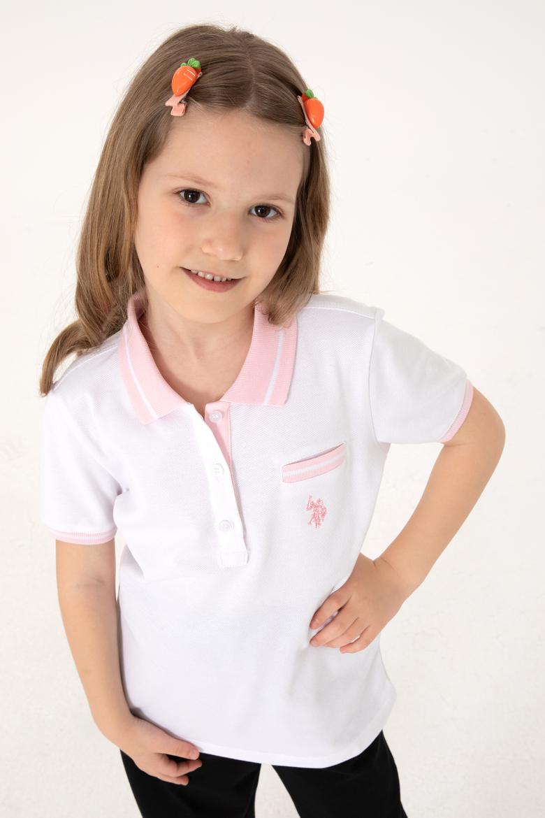 Kız Çocuk Beyaz Polo Yaka İşlevsiz Cepli Basic Tişört