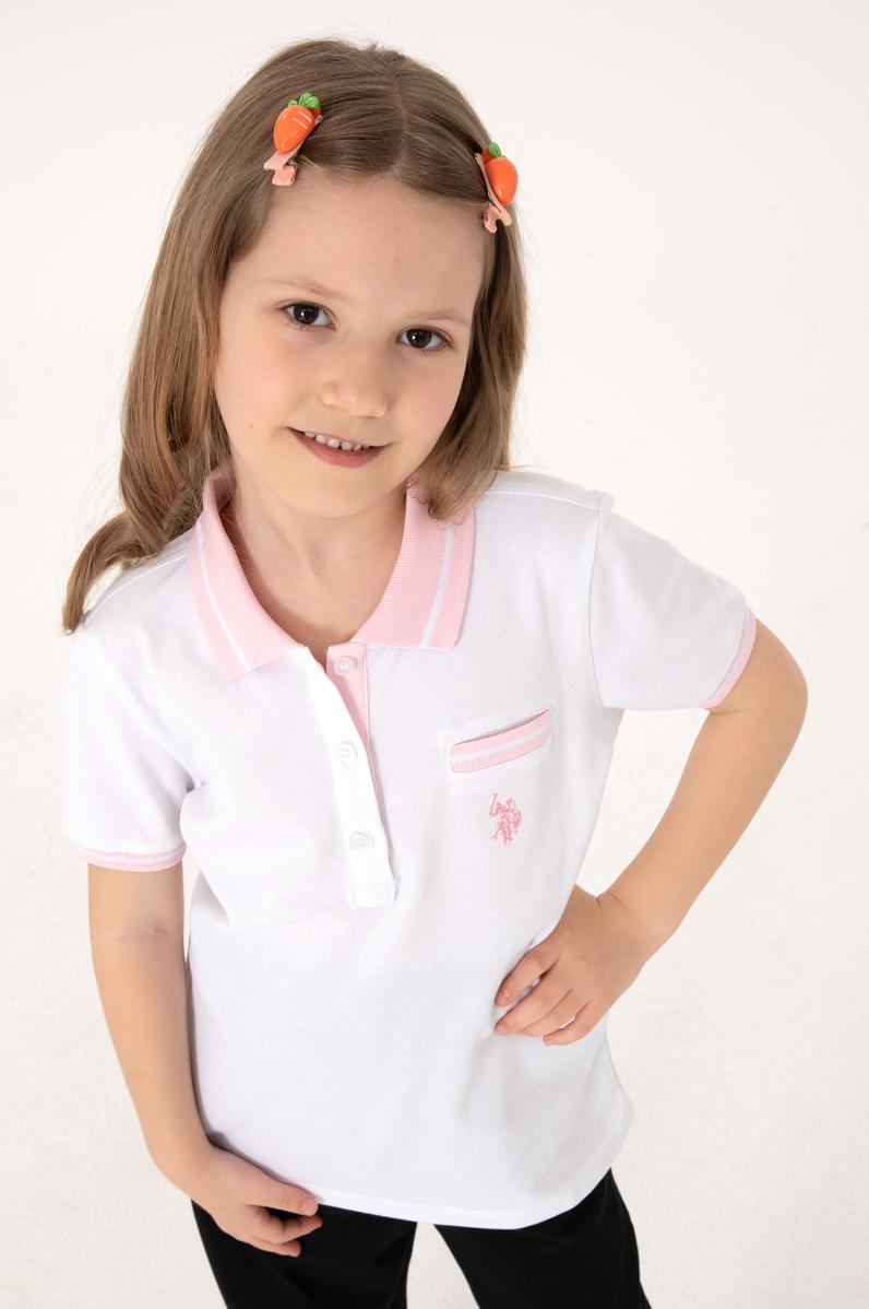 Kız Çocuk Beyaz Polo Yaka İşlevsiz Cepli Basic Tişört