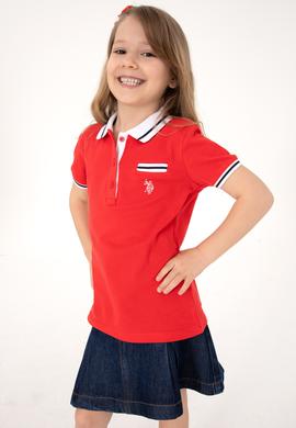 Kız Çocuk Kırmızı Polo Yaka İşlevsiz Cepli Basic Tişört - 50310223032