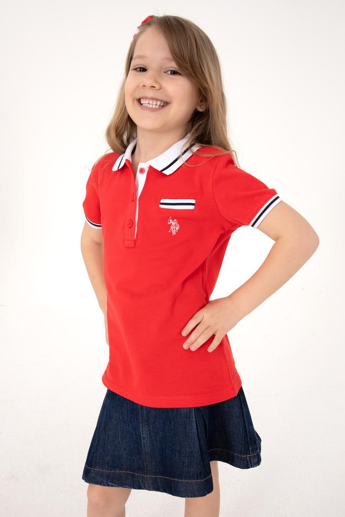 Kız Çocuk Kırmızı Polo Yaka İşlevsiz Cepli Basic Tişört