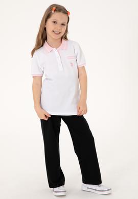 Kız Çocuk Beyaz Polo Yaka İşlevsiz Cepli Basic Tişört - 50310223003