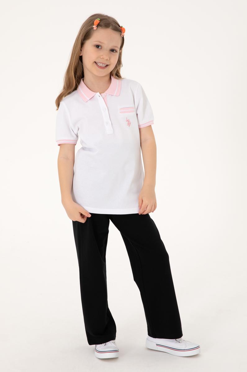 Kız Çocuk Beyaz Polo Yaka İşlevsiz Cepli Basic Tişört