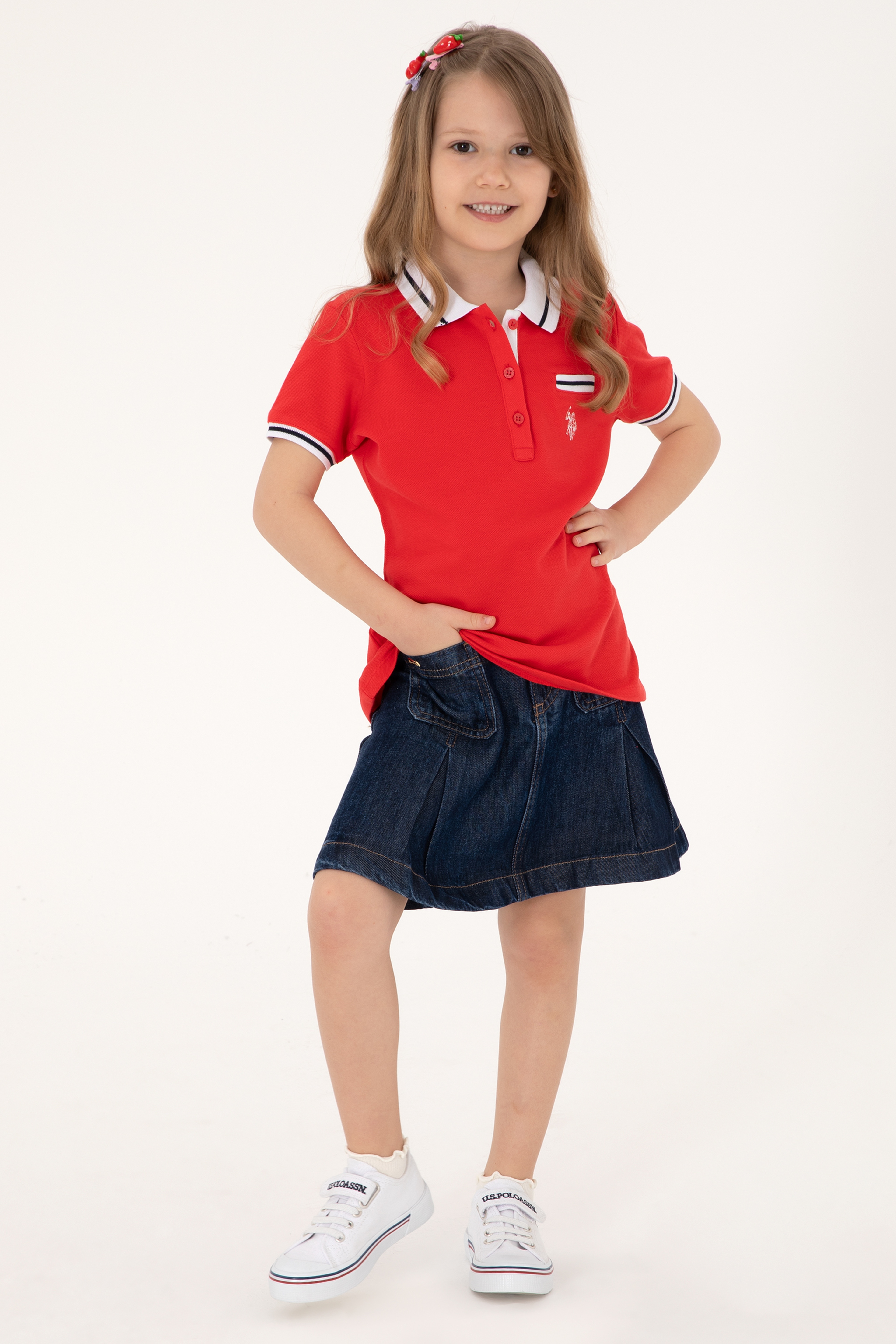 Kız Çocuk Kırmızı Polo Yaka İşlevsiz Cepli Basic Tişört - Image 2