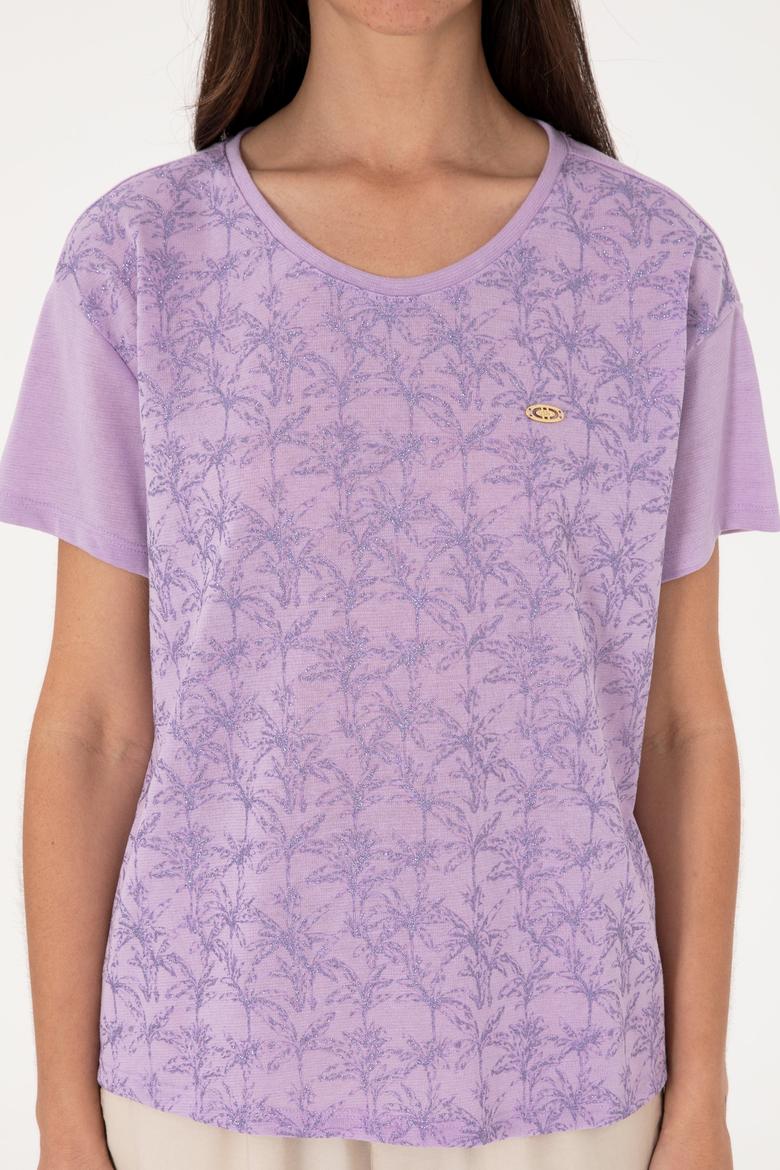 Kadın Lila Bisiklet Yaka Tişört - 50300772013