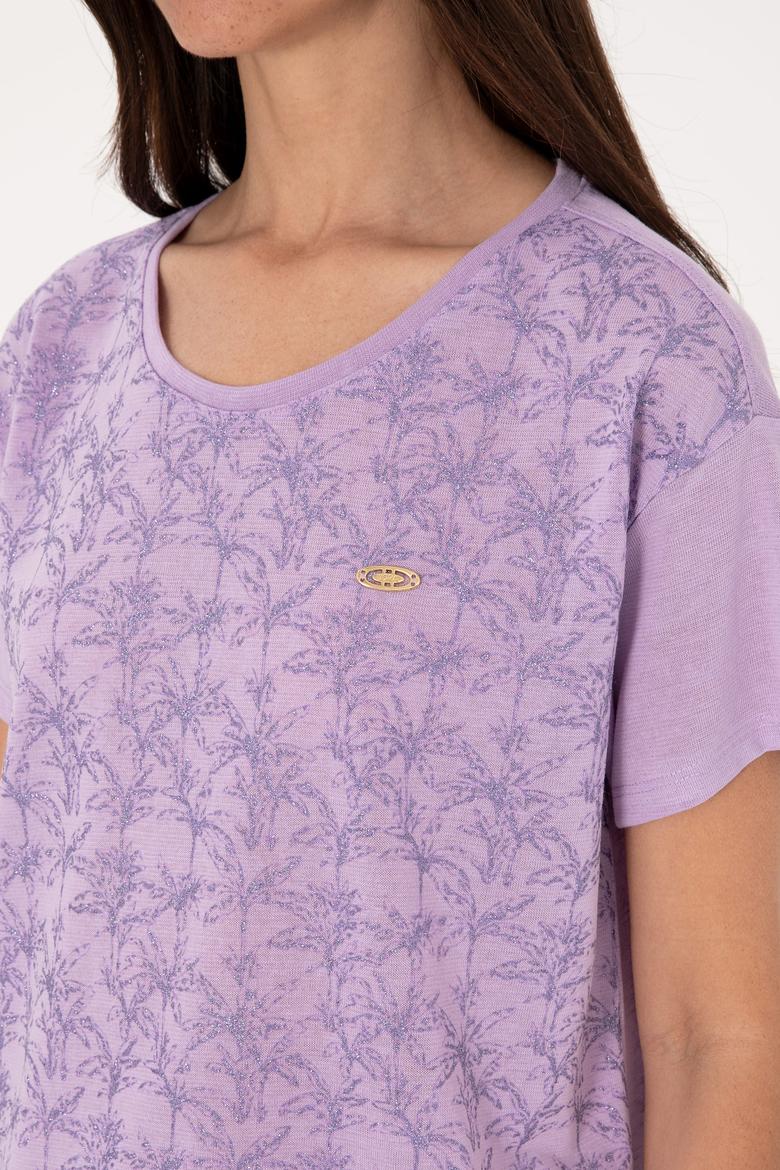 Kadın Lila Bisiklet Yaka Tişört - 50300772013