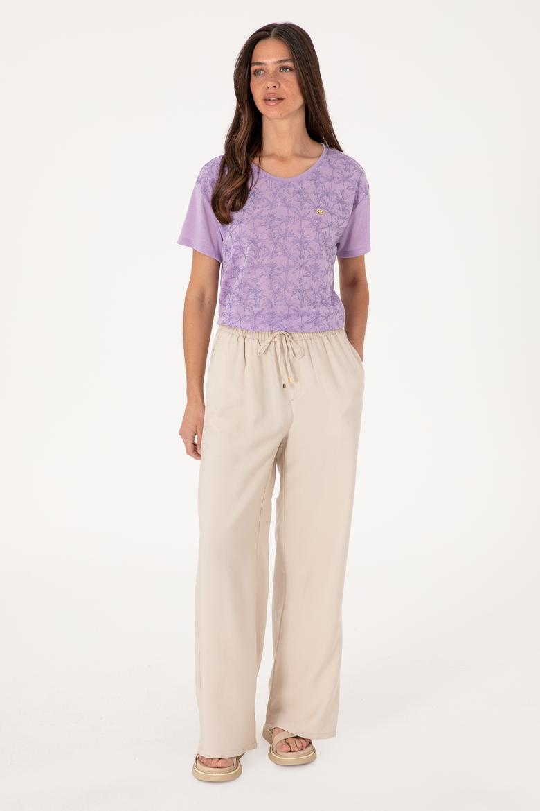 Kadın Lila Bisiklet Yaka Tişört - 50300772013