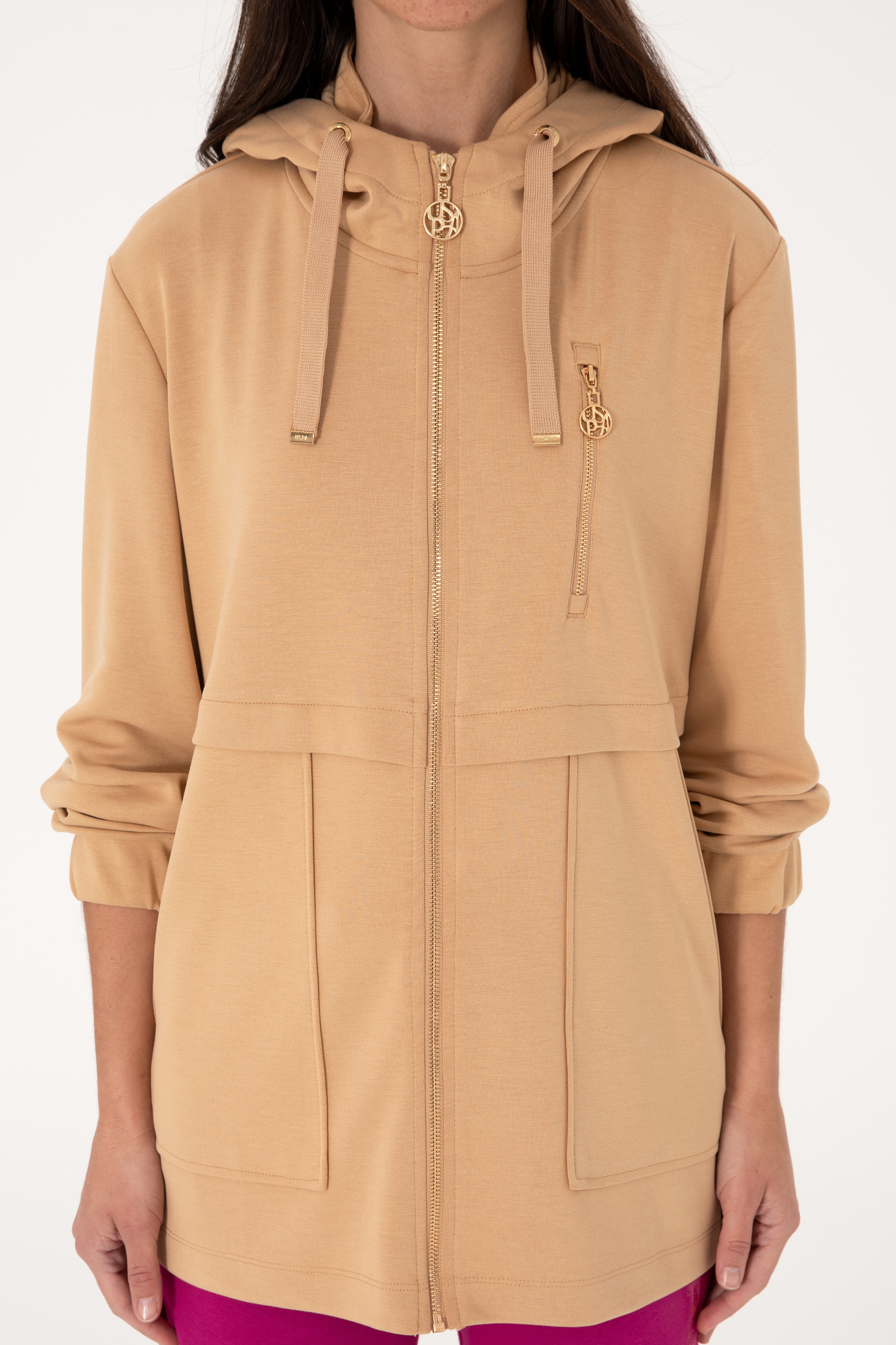 Kadın Camel Fermuarlı Kapüşonlu Sweatshırt