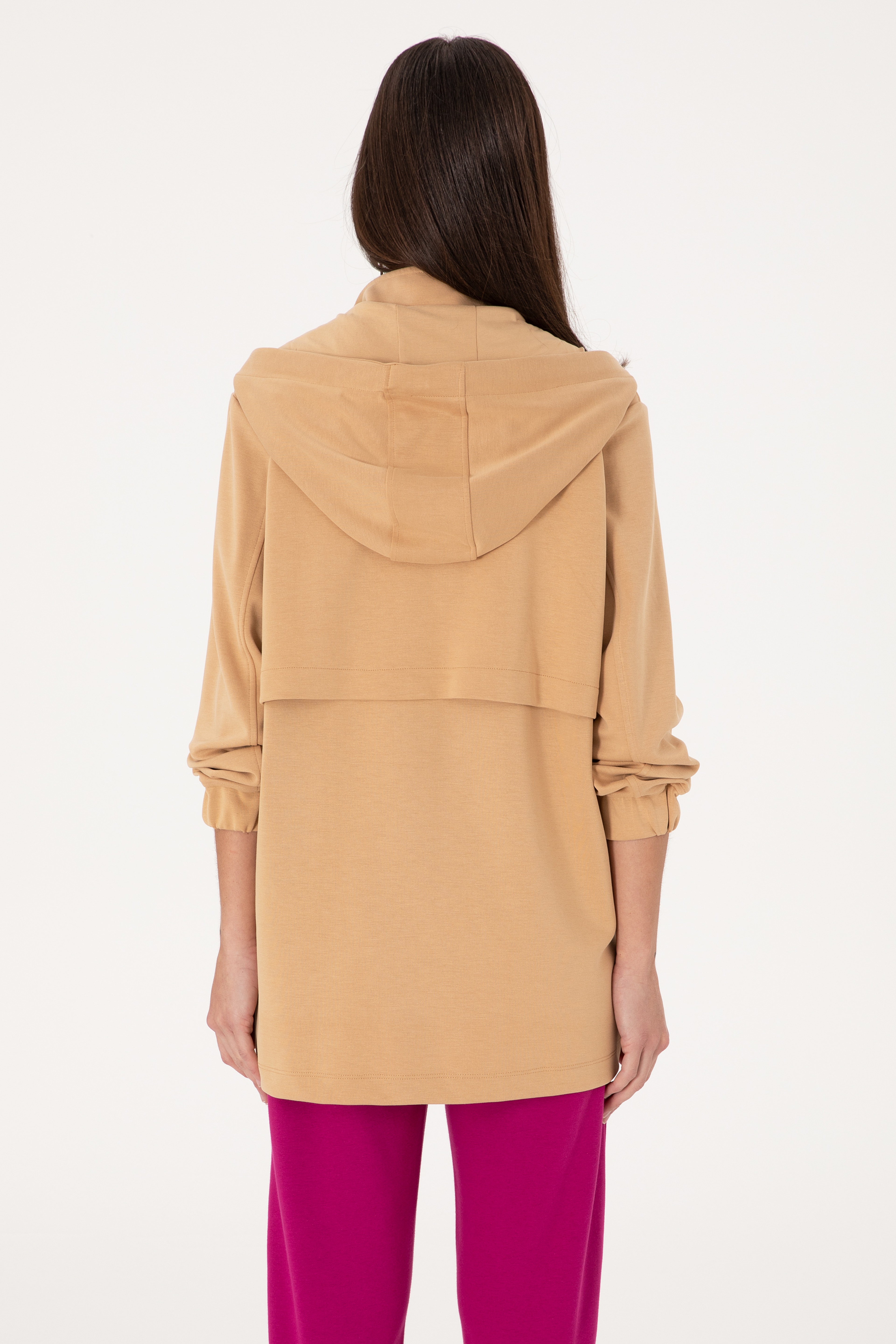 Kadın Camel Fermuarlı Kapüşonlu Sweatshırt