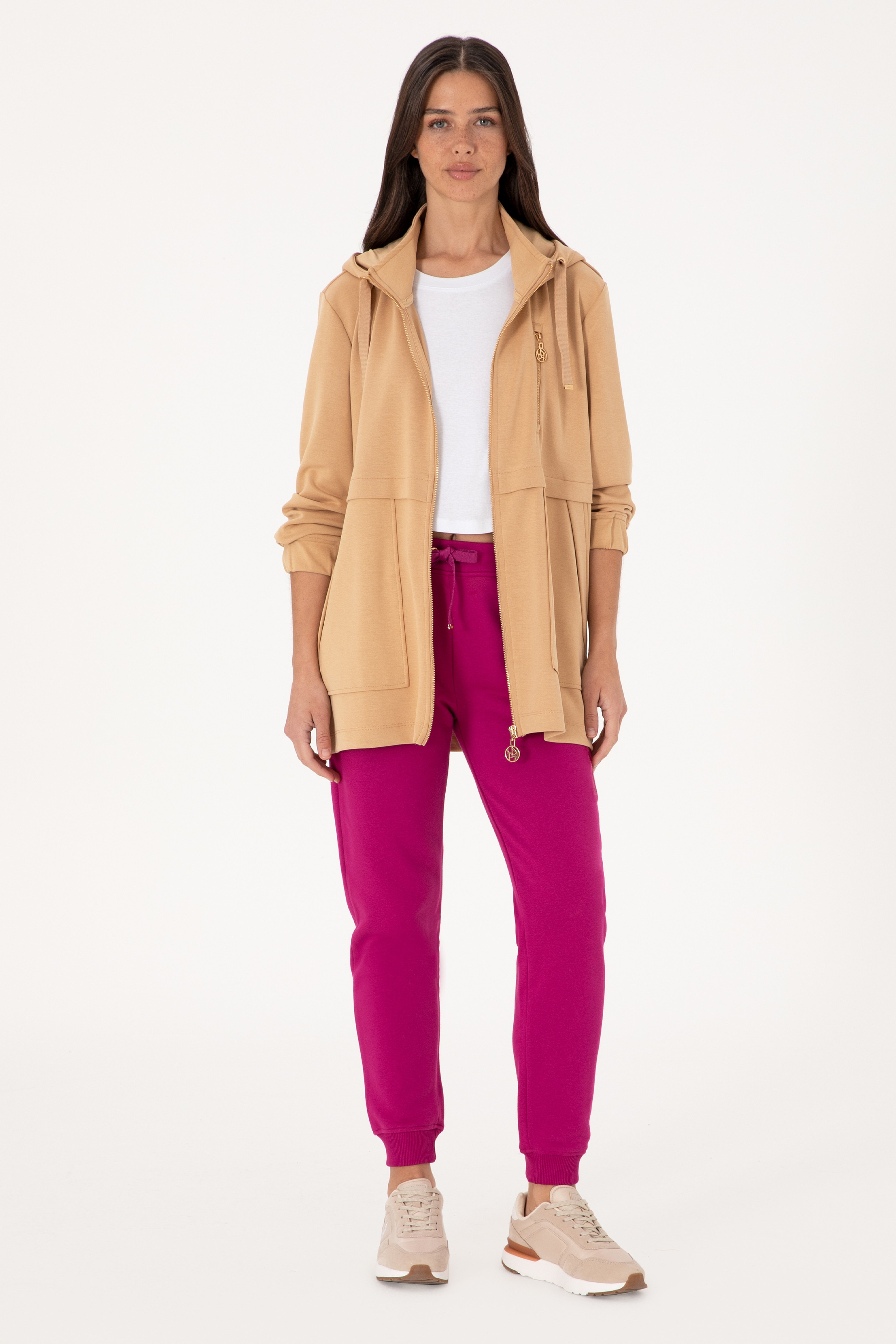 Kadın Camel Fermuarlı Kapüşonlu Sweatshırt - Image 4