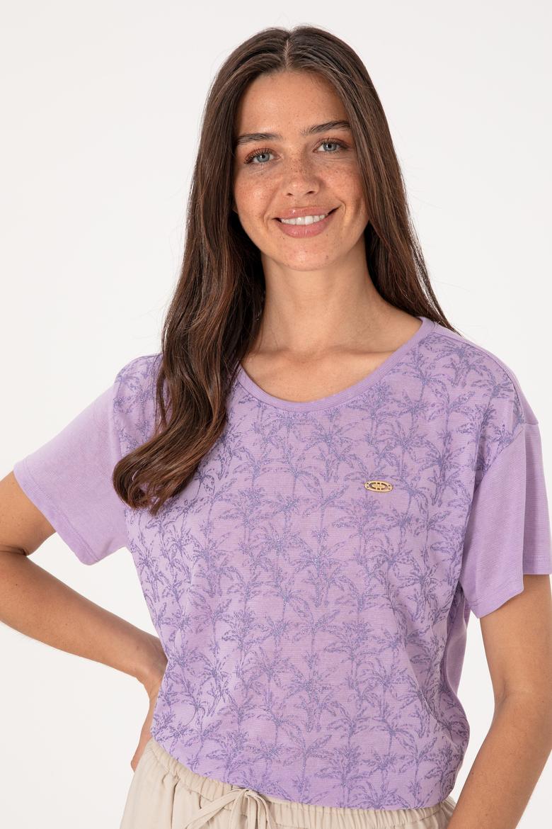 Kadın Lila Bisiklet Yaka Tişört - 50300772013