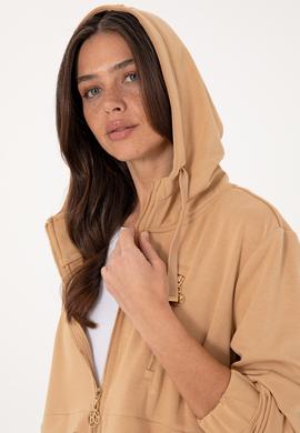 Kadın Camel Fermuarlı Kapüşonlu Sweatshırt - 50304503017