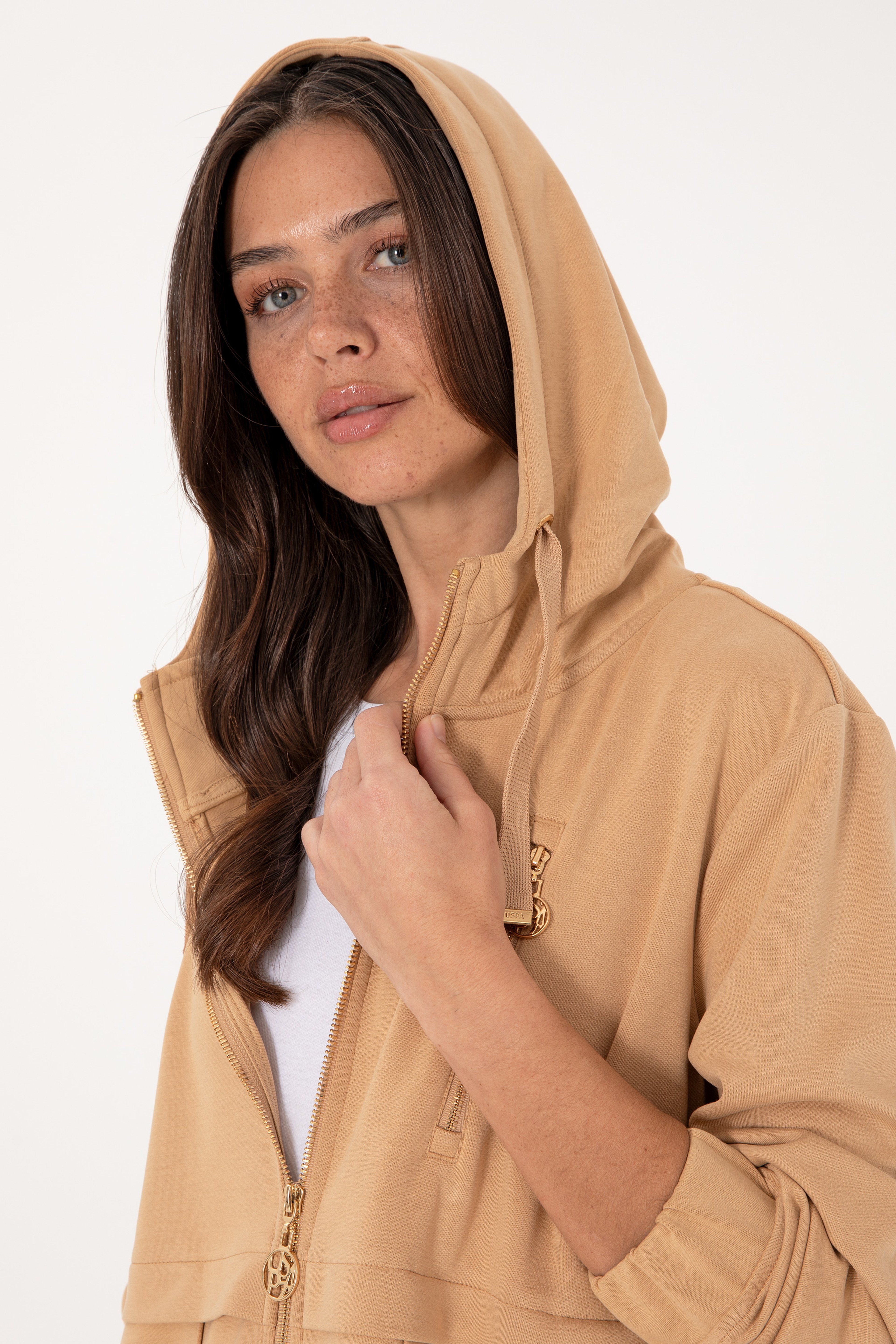 Kadın Camel Fermuarlı Kapüşonlu Sweatshırt