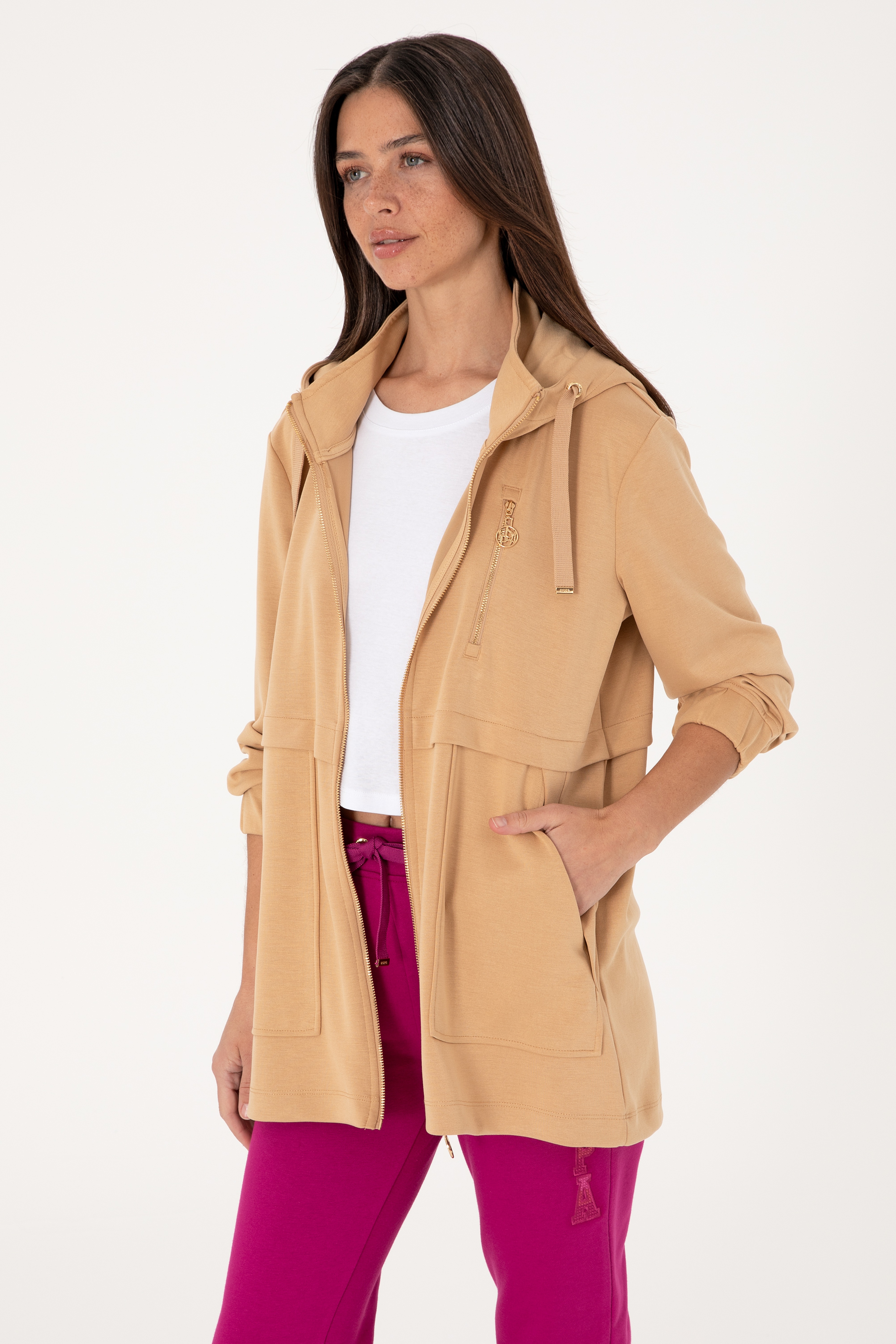 Kadın Camel Fermuarlı Kapüşonlu Sweatshırt - Image 1