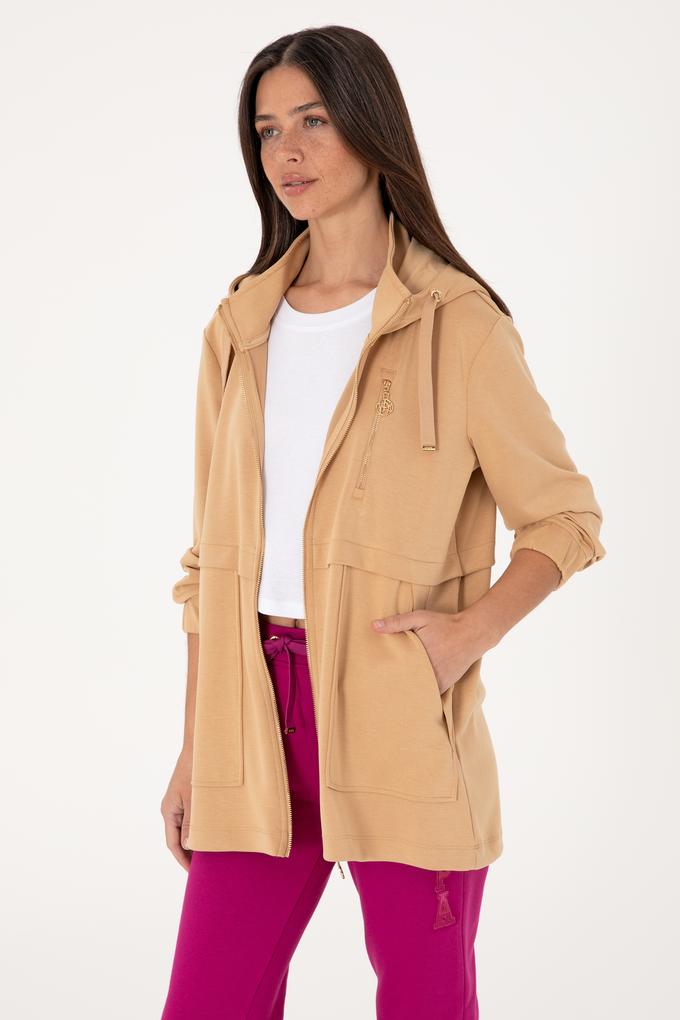 Kadın Camel Fermuarlı Kapüşonlu Sweatshırt