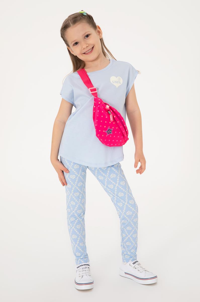 Kız Çocuk Açık Mavi Bisiklet Yaka Pamuk Düz Tişört