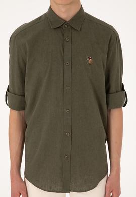 Erkek Koyu Haki Uzun Kollu Basic Gömlek - 50297868133