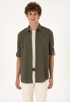 Erkek Koyu Haki Uzun Kollu Basic Gömlek - 50297868133