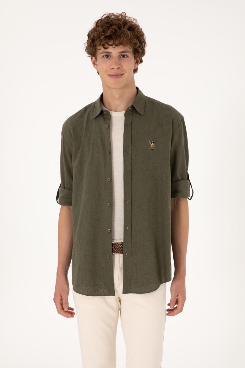 Erkek Koyu Haki Uzun Kollu Basic Gömlek - 50297868133