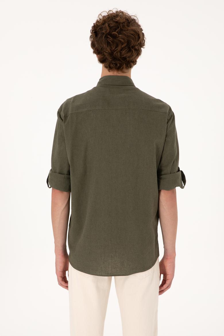 Erkek Koyu Haki Uzun Kollu Basic Gömlek - 50297868133