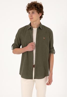 Erkek Koyu Haki Uzun Kollu Basic Gömlek - 50297868133