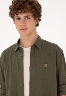 Erkek Koyu Haki Uzun Kollu Basic Gömlek - 50297868133