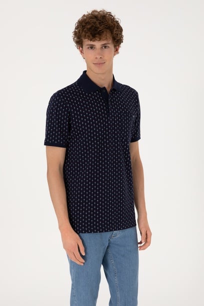 Erkek Regular Fit Polo Yaka Lacivert Desenli Tişört