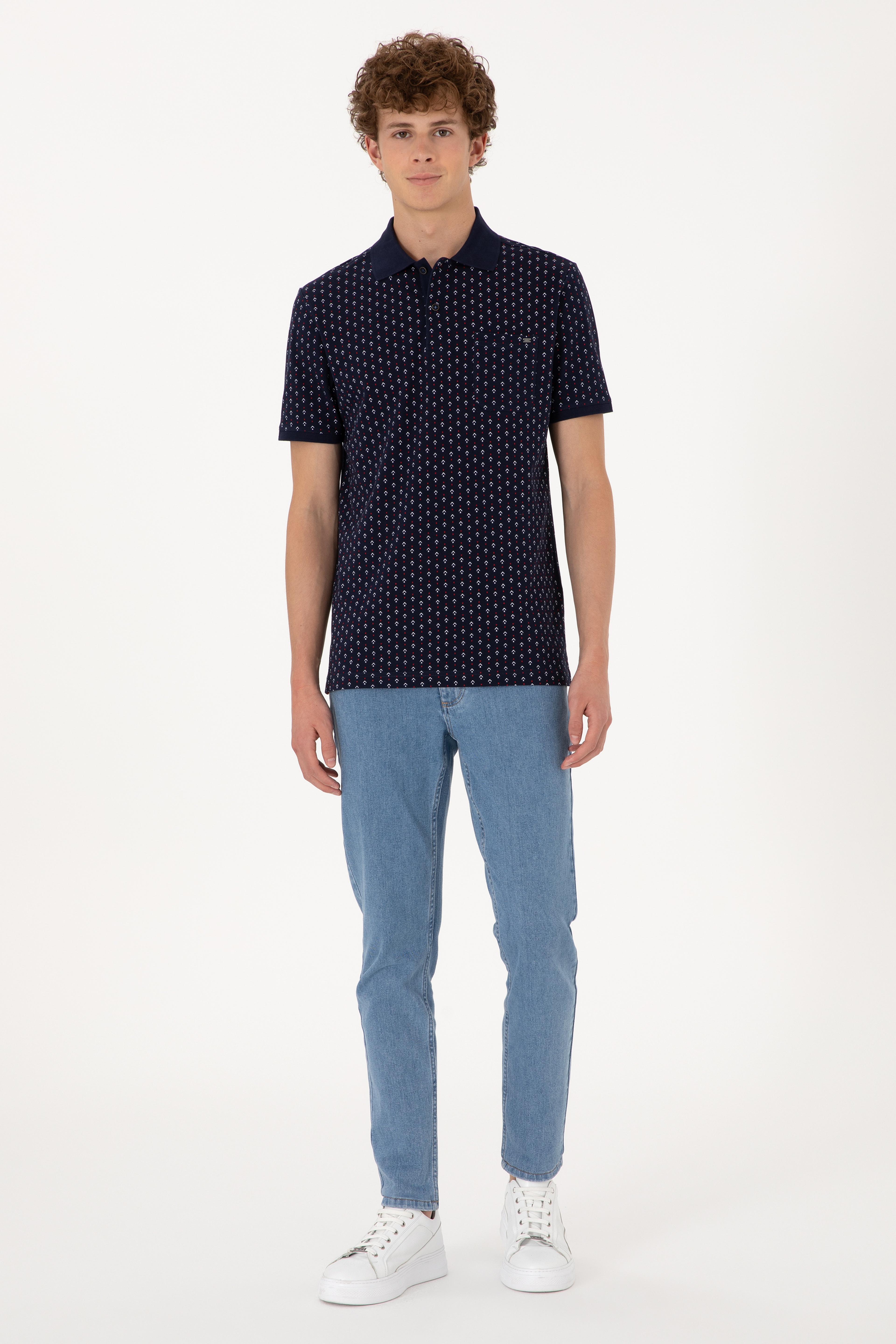 Erkek Regular Fit Polo Yaka Lacivert Desenli Tişört